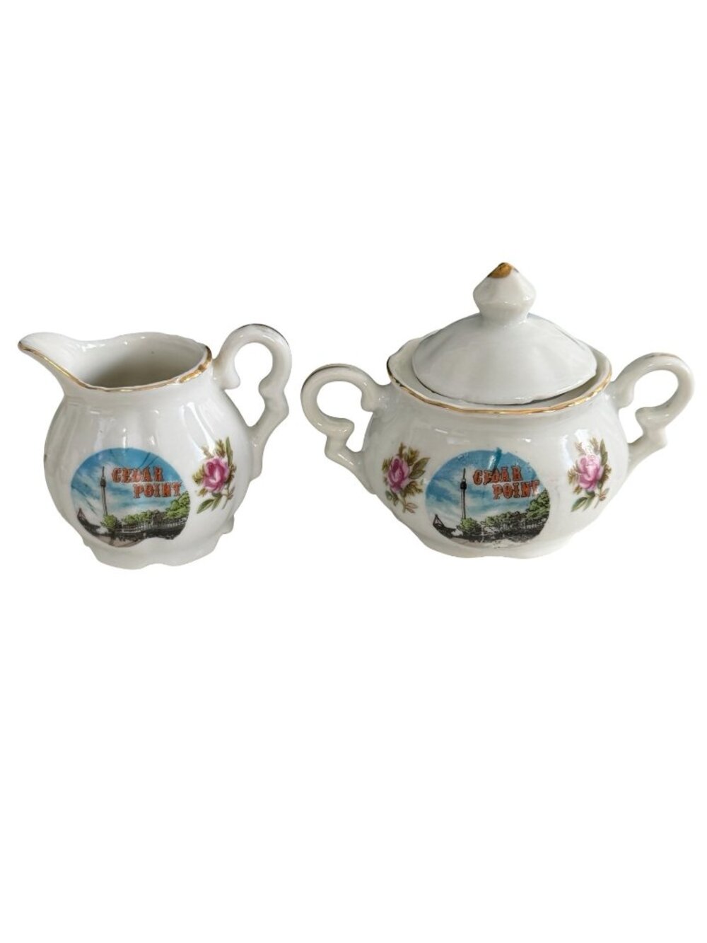 Vintage Cedar Point Souvenir Creamer Sugar Bowl with Lid Mini Tea Set Ohio